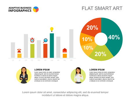 Business infographics with percentage chart, bar graph and character icons. Editable presentation slide template, flat smart art. Data for planning, strategy, time managementの写真素材