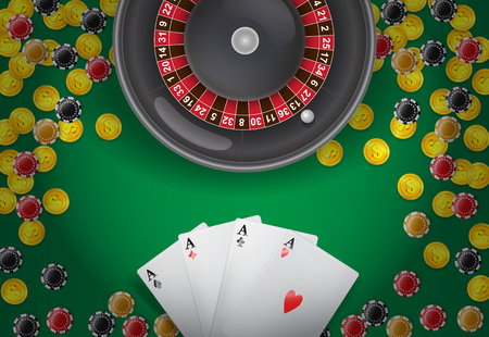 Roulette, four aces, coins and casino chips on green background. Casino business advertising design. For posters, banners, leaflets and brochures.のイラスト素材