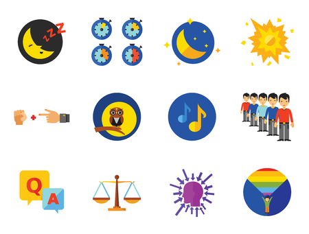 Metaphors Icon Set. Sleeping Queue Night Owl Music Justice Sex Night Executive Manager Medal Question And Answer Smash Time On Coming Outのイラスト素材