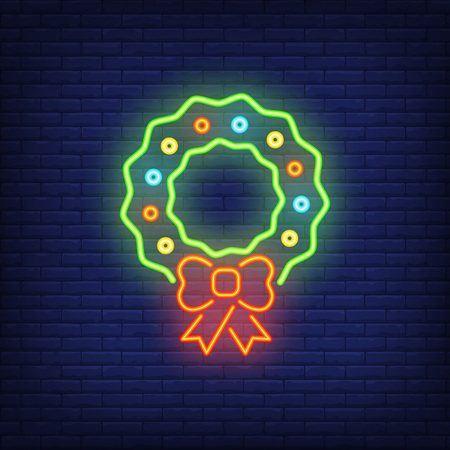 Christmas wreath neon sign element. Christmas concept for night bright advertisement design. Vector illustration in neon style for festive design, New Year, holidayのイラスト素材