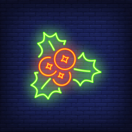 Neon sign with mistletoes. Night bright advertisement element. Vector illustration in neon style for New Year, festive design, greeting cardsのイラスト素材