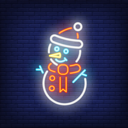 Snowman night bright sign element. Winter concept for neon festive design. Vector illustration in neon style for Christmas, New Year, holidayのイラスト素材