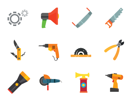 Techniques icons set with woodsawing machine, electric drill and hand saw. Thirteen vector iconsのイラスト素材