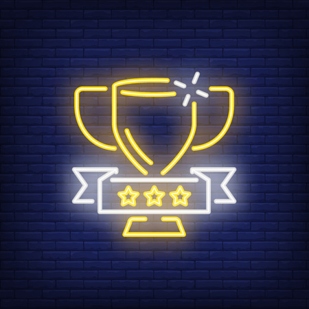 Golden cup on brick background. Neon style illustrationのイラスト素材