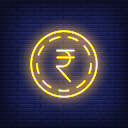 Rupee coin on brick background. Neon style illustrationのイラスト素材