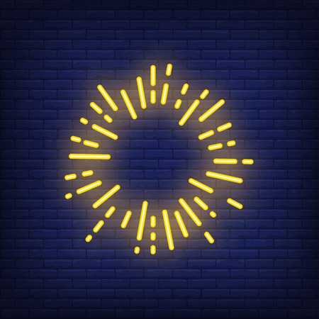 Yellow sun ray circle on brick background. Neon style vectorのイラスト素材