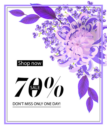 Shop now, seventy percent sale, do not miss only one day flyer design with flower, lilac and frame. Text can be used for coupons, posters, banners.のイラスト素材