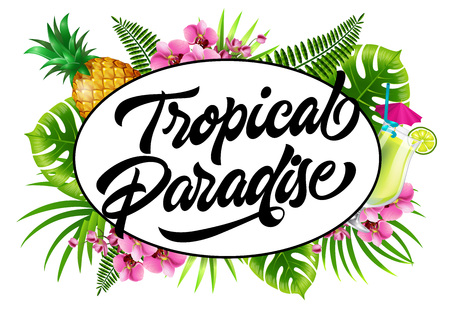 Tropical paradise invitation design with palm leaves, flowers, pineapple and fresh drink. Calligraphic text in oval frame can be used for posters, banners, flyers.のイラスト素材