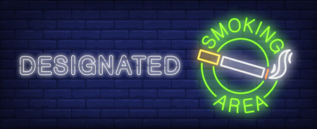 Designated smoking area neon sign. Cigarette with smoke in green circle. Vector illustration in neon style for public place or habitのイラスト素材