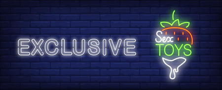 Exclusive sex toys neon sign. Fresh strawberry in melted chocolate. Vector illustration in neon style for sex shop and eroticのイラスト素材