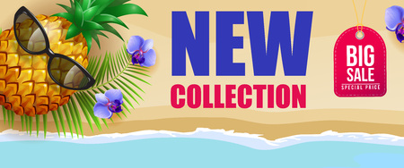 New collection, big sale banner design with blue flowers, pineapple, sunglasses, palm leaf, sea and beach. Handwritten text can be used for signs, labels, flyers, postersのイラスト素材
