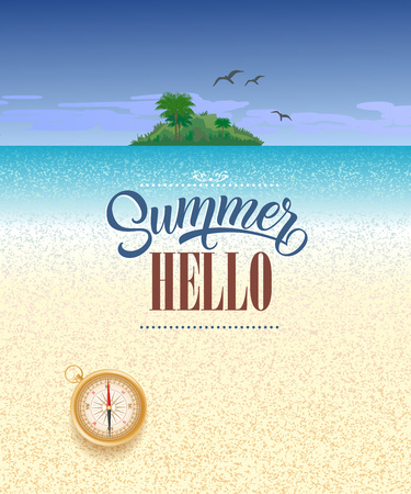 Hello summer seasonal greeting design with ocean, tropical island and compass. Text can be used for posters, cards, flyers, banners.のイラスト素材