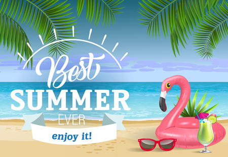 Best summer ever lettering with sea beach and swimming ring. Sale advertising design. Handwritten and typed text, calligraphy. For leaflets, brochures, invitations, posters or banners.のイラスト素材