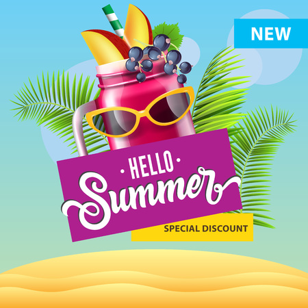 Special discount, hello summer. Seasonal poster design with mug of berry smoothie, sunglasses, tropical leaves and beach. Text can be used for signs, flyers, bannersのイラスト素材