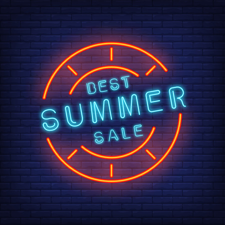 Best summer sale sign in neon style. Vector illustration with blue text in round frame and red stamp. Template for night bright banners, billboards, signboardsのイラスト素材