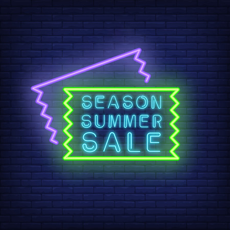 Season Summer Sale neon signboard. Vector illustration with glowing blue text in frame and sale coupon shapes. Template for night bright banners, billboards, signsのイラスト素材