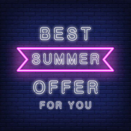 Best summer offer for young lettering in neon style. Bright scroll with word inside. Night bright advertisement. Vector illustration in neon style for shopping and saleのイラスト素材