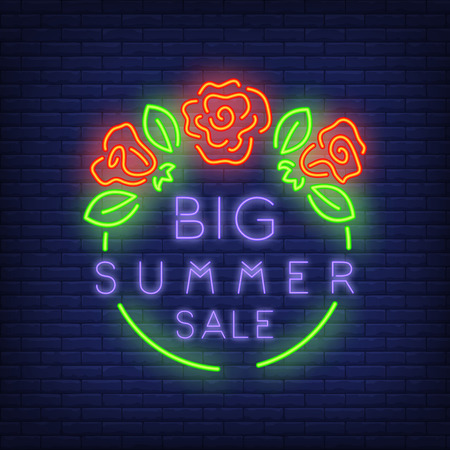 Big Summer Sale sign in neon style. Vector illustration with violet text in green round frame and red roses. Template for night bright banners, billboards, signboardsのイラスト素材