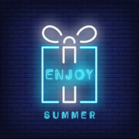Enjoy summer neon text and gift box. Seasonal offer or sale advertisement design. Night bright neon sign, colorful billboard, light banner. Vector illustration in neon style.のイラスト素材
