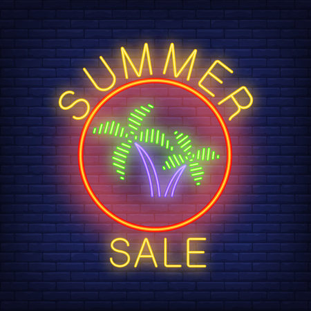 Summer sale neon text and palms in circle. Seasonal offer or sale advertisement design. Night bright neon sign, colorful billboard, light banner. Vector illustration in neon style.のイラスト素材