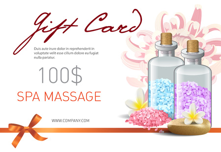 Gift card, spa massage lettering, flowers and salt. Spa salon gift voucher design. Handwritten and typed text, calligraphy. For leaflets, flyers, gift cards and vouchers.のイラスト素材