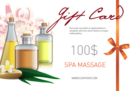 Gift card, spa massage lettering and oil in bottles. Spa salon gift voucher design. Handwritten and typed text, calligraphy. For leaflets, flyers, gift cards and vouchers.のイラスト素材