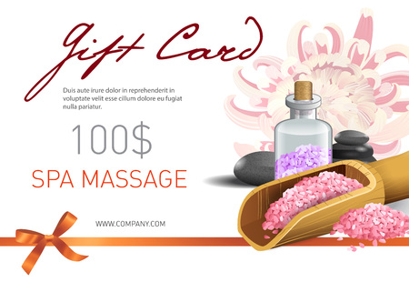 Gift card, spa massage lettering and pink salt. Spa salon gift voucher design. Handwritten and typed text, calligraphy. For leaflets, flyers, gift cards and vouchers.のイラスト素材