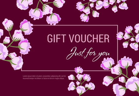 Just for you gift voucher design with lilac flowers and frame on vinous background. Text can be used for coupons, certificates, flyersのイラスト素材