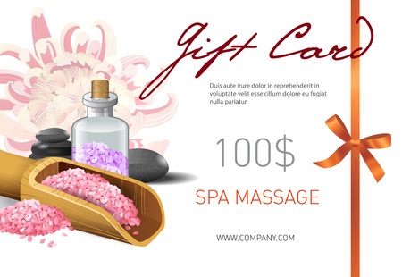 Gift card, spa massage lettering and salt in scoop. Spa salon gift voucher design. Handwritten and typed text, calligraphy. For leaflets, flyers, gift cards and vouchers.のイラスト素材