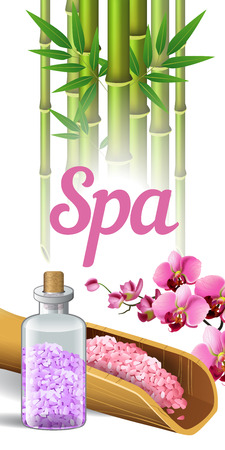 Spa lettering, bamboo, orchid and salt. Spa salon advertising poster design. Typed text, calligraphy. For leaflets, flyers, brochures, posters or banners.のイラスト素材