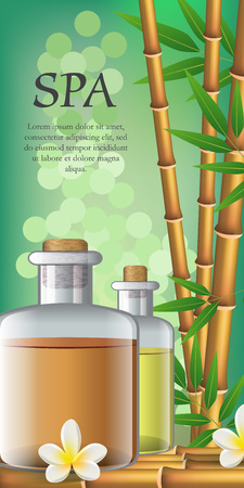 Spa lettering, flower, bamboo and two bottles with oil. Spa salon advertising poster design. Typed text, calligraphy. For leaflets, flyers, brochures, posters or banners.のイラスト素材