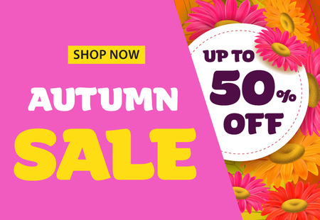 Autumn sale lettering with flowers. Autumn offer or sale advertising design. Typed text, calligraphy. For leaflets, brochures, invitations, posters or banners.のイラスト素材