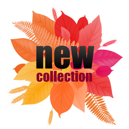 New collection lettering with gradient leaves. Creative inscription on leaves in center. Illustration with lettering can be used for banner, posters and leafletsのイラスト素材