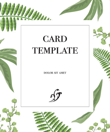 Card template design with frame and greenery pattern on white background. Party, event, celebration. Greeting card concept. Can be used for invitation, flyer, postcardのイラスト素材