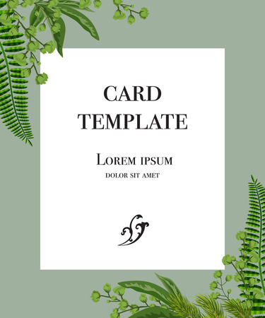 Card template design with white frame and greenery on gray background. Party, event, celebration. Greeting card concept. Can be used for invitation, flyer, postcardのイラスト素材