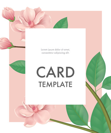 Greeting card template with cherry flowers on pink background with white frame. Party, event, celebration. Holiday concept. Can be used for invitation, greeting card, brochureのイラスト素材