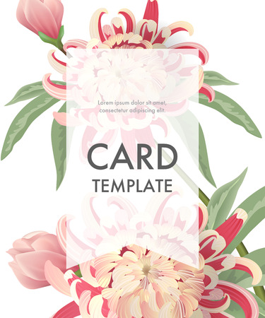 Greeting card template with pink asters and transparent frame on white background. Wedding, Mothers Day, dating. Event concept. Can be used for invitation, greeting card, brochureのイラスト素材