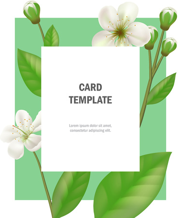 Greeting card template with apple flowers on green frame. Party, event, celebration. Holiday concept. Can be used for invitation, greeting card, brochureのイラスト素材