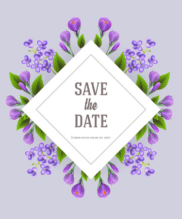 Save the date design template with lilac and crocus flowers on gray background. Handwritten text, calligraphy. Celebration concept. Can be used for invitation, flyer, brochureのイラスト素材