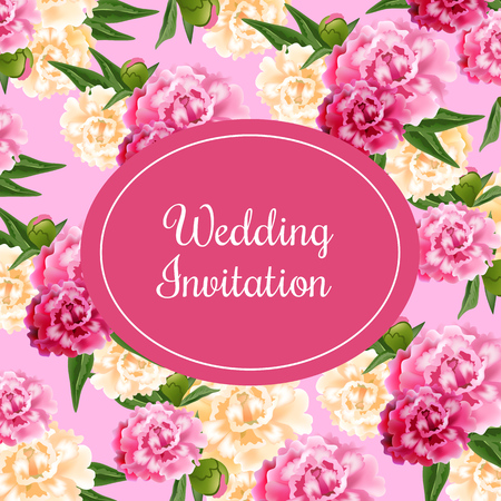 Wedding invitation card design with magenta oval and peonies on pink background. Text in oval frame can be used for invitations, postcards, save the date templatesのイラスト素材