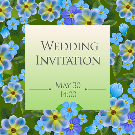 Wedding invitation card template with forget me nots in background. Text on square shape can be used for invitations, postcards, save the date designのイラスト素材
