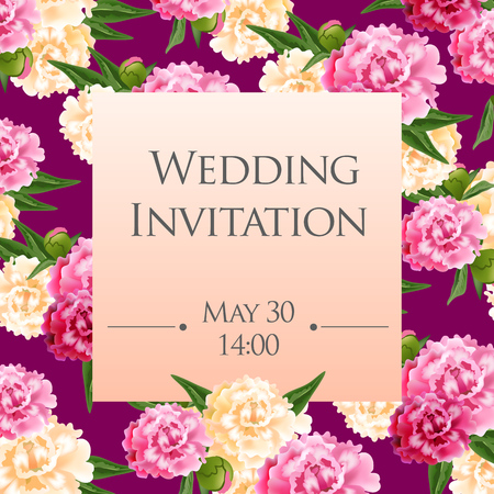 Wedding invitation card template with pink and white peonies on violet background. Text on square shape can be used for invitations, postcards, save the date templatesのイラスト素材
