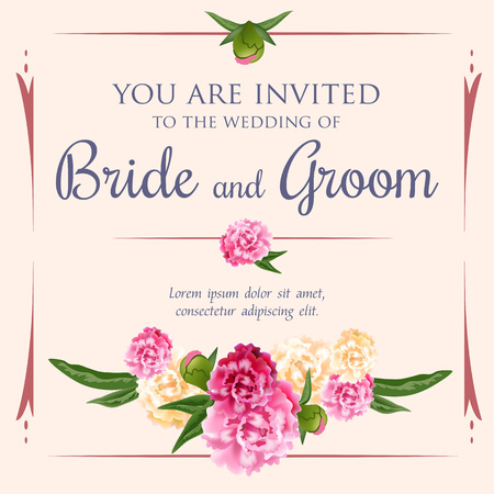 Wedding invitation design with bunch of peonies on pink background. Text in frame can be used for invitation cards, postcards, save the date templatesのイラスト素材