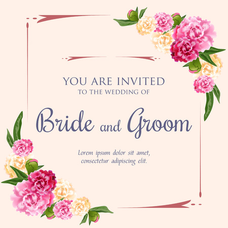 Wedding invitation design with pink and white peonies on pink background. Text in frame can be used for invitation cards, postcards, save the date templatesのイラスト素材