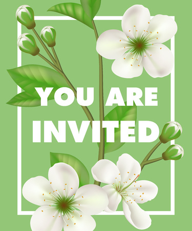 You are invited lettering with white flowers in frame on green background. Handwritten text, calligraphy. Party concept. Can be used for invitation, flyer, brochureのイラスト素材