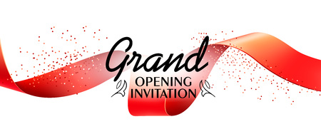 Grand opening invitation banner design with red ribbon and confetti. Festive template can be used for invitation cards, flyers, postersのイラスト素材