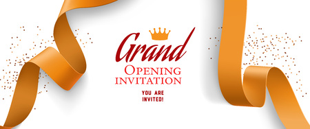 Grand opening invitation design with confetti, gold ribbons and crown. Festive template can be used for banners, flyers, posters.のイラスト素材