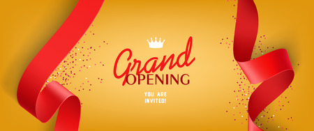 Grand opening invitation design with confetti, red ribbons, and crown. Festive template can be used for banners, flyers, posters.のイラスト素材