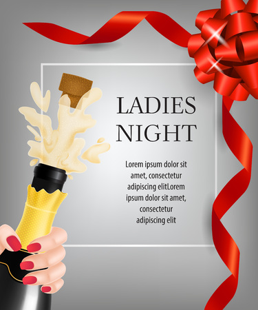 Ladies night lettering and champagne bottle explosion. Party invitation design. Typed text, calligraphy. For leaflets, brochures, invitations, posters or banners.のイラスト素材