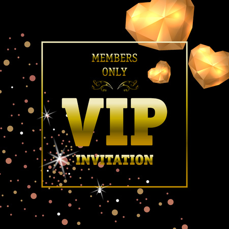 Members only VIP invitation banner design with lighting hearts. Text in golden frame on black background. Illustration with lettering can be used for invitation cards, layout, posters and leafletsのイラスト素材